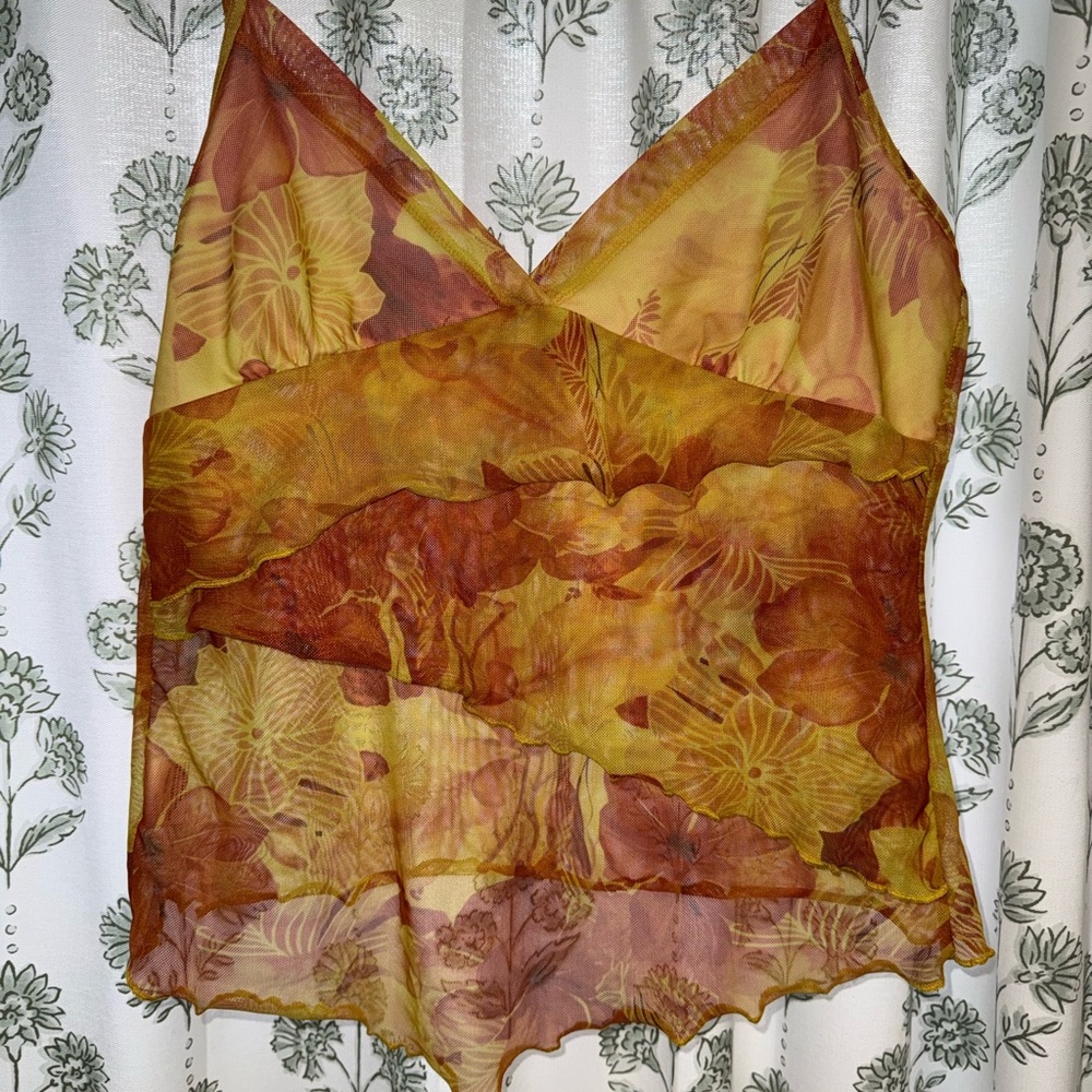Sheer Floral V-Neck Cami Tank Top - Yellow Rust